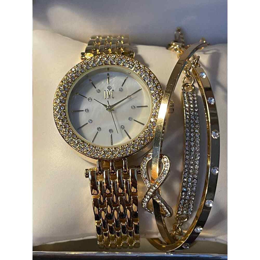 INC Womens Gold Wristwatch With 3 Bangle Bracelets Faux Diamonds NWB